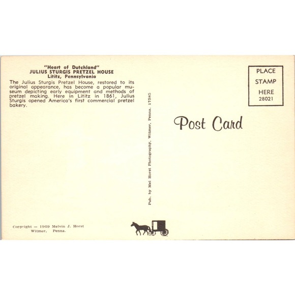 Julius Sturgis Pretzel House Lititz Pennsylvania Dutch Country Postcard PD7 - Picture 2 of 2